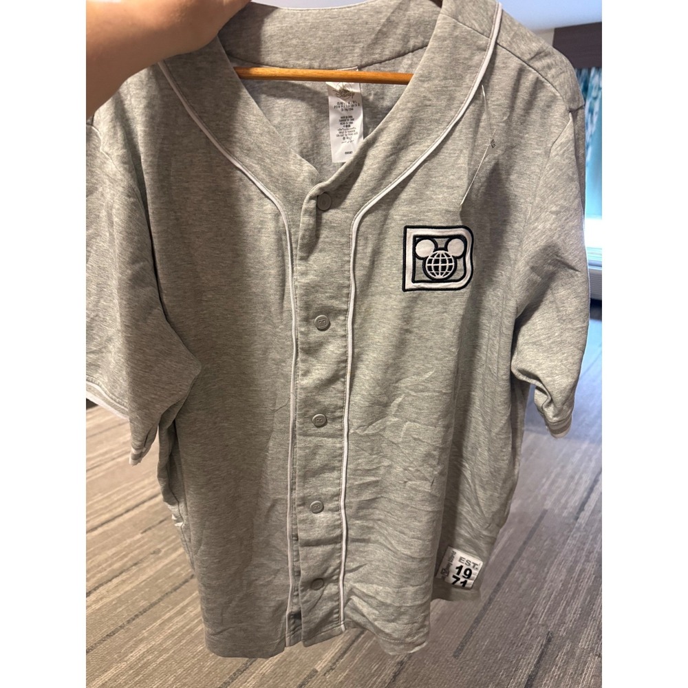 Walt Disney World Baseball Jersey Gray Retro Logo Est 1971 Button Up Shirt Large